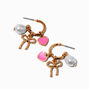 Pink Heart, Bow &amp; Pearl Charm Gold-tone Hoop Earrings,