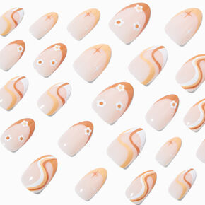 Burnt Orange Retro Flower &amp; Starburst Short Almond Vegan Faux Nail Set - 24 Pack,