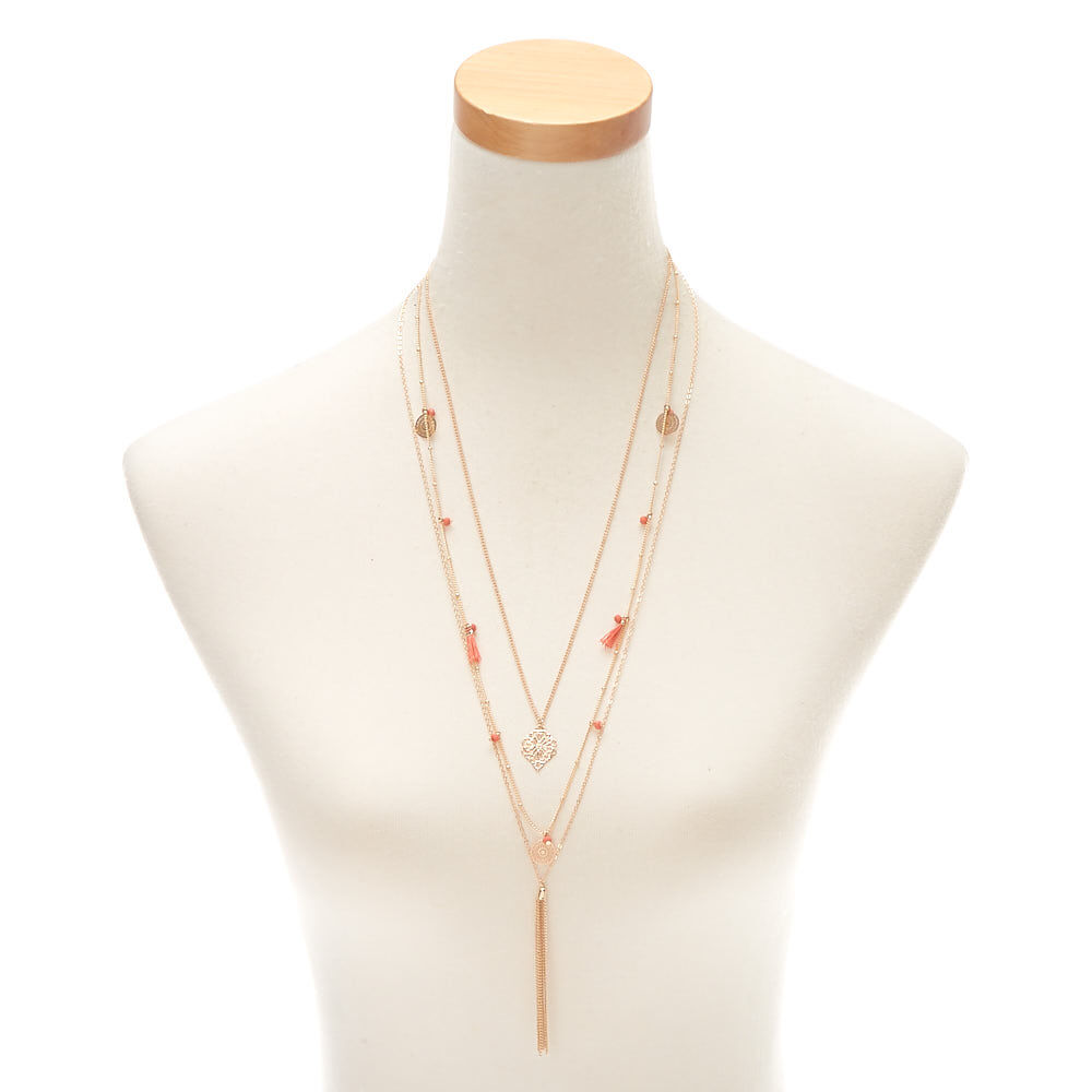 Gold Boho Filigree Multi Strand Necklace - Coral,