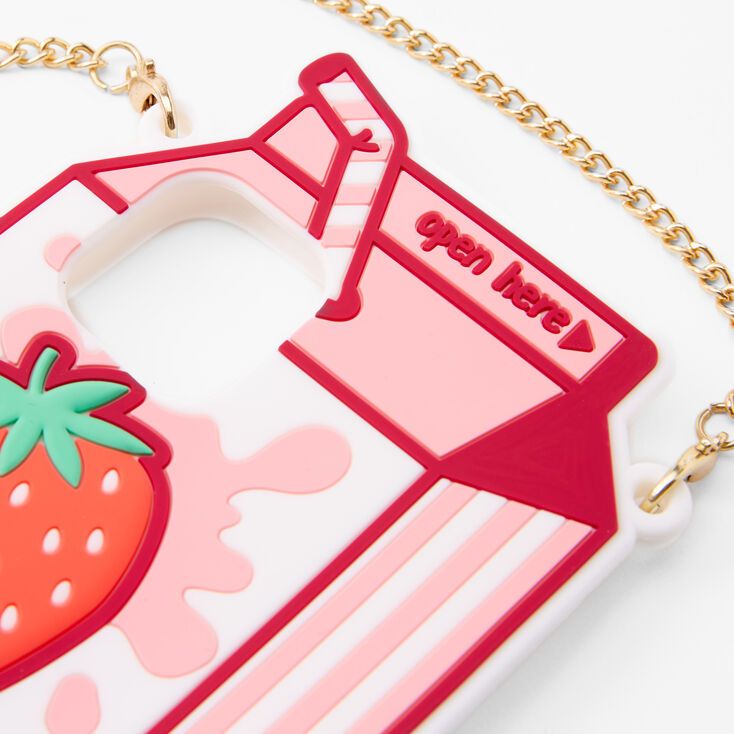 Strawberry Milk Silicone Phone Case with Gold Chain - Fits iPhone 12/12 Pro,