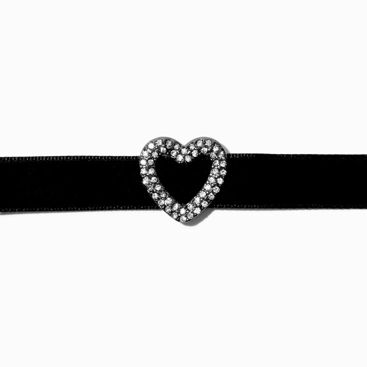 Silver-tone Crystal Heart Pendant Black Velvet Choker Necklace,