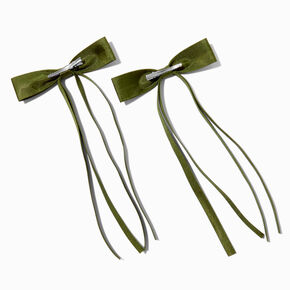 Green Grosgrain Ribbon Long Tail Hair Bow Clips - 2 Pack,