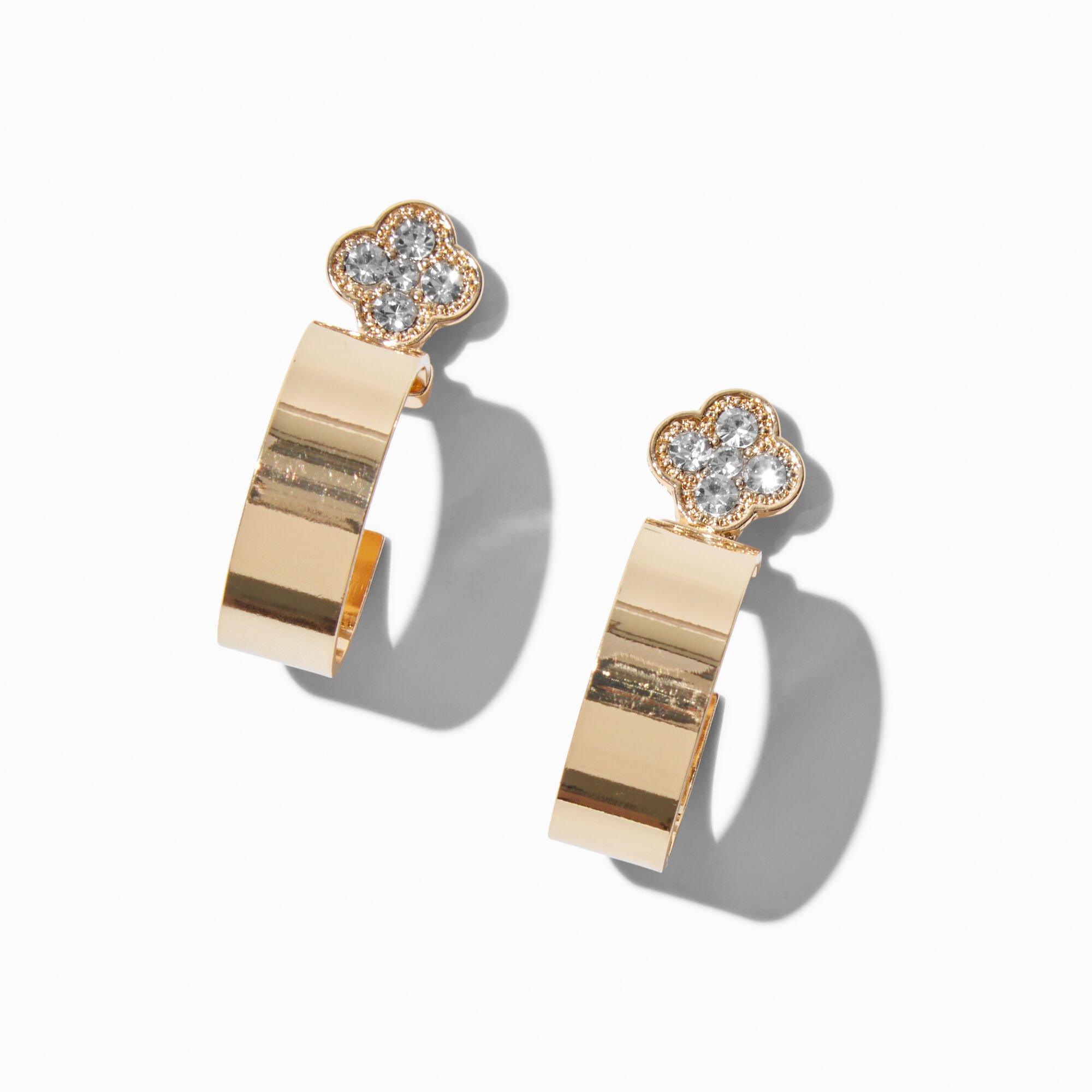 Gold-tone Crystal Clover Hoop Earrings,