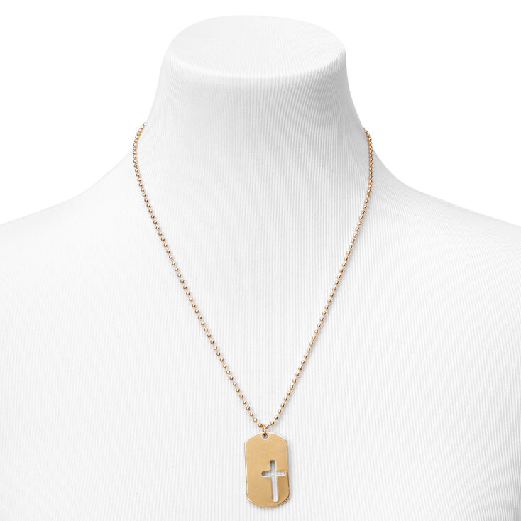 Gold-tone Cross Dog Tag Pendant Chain Necklace,