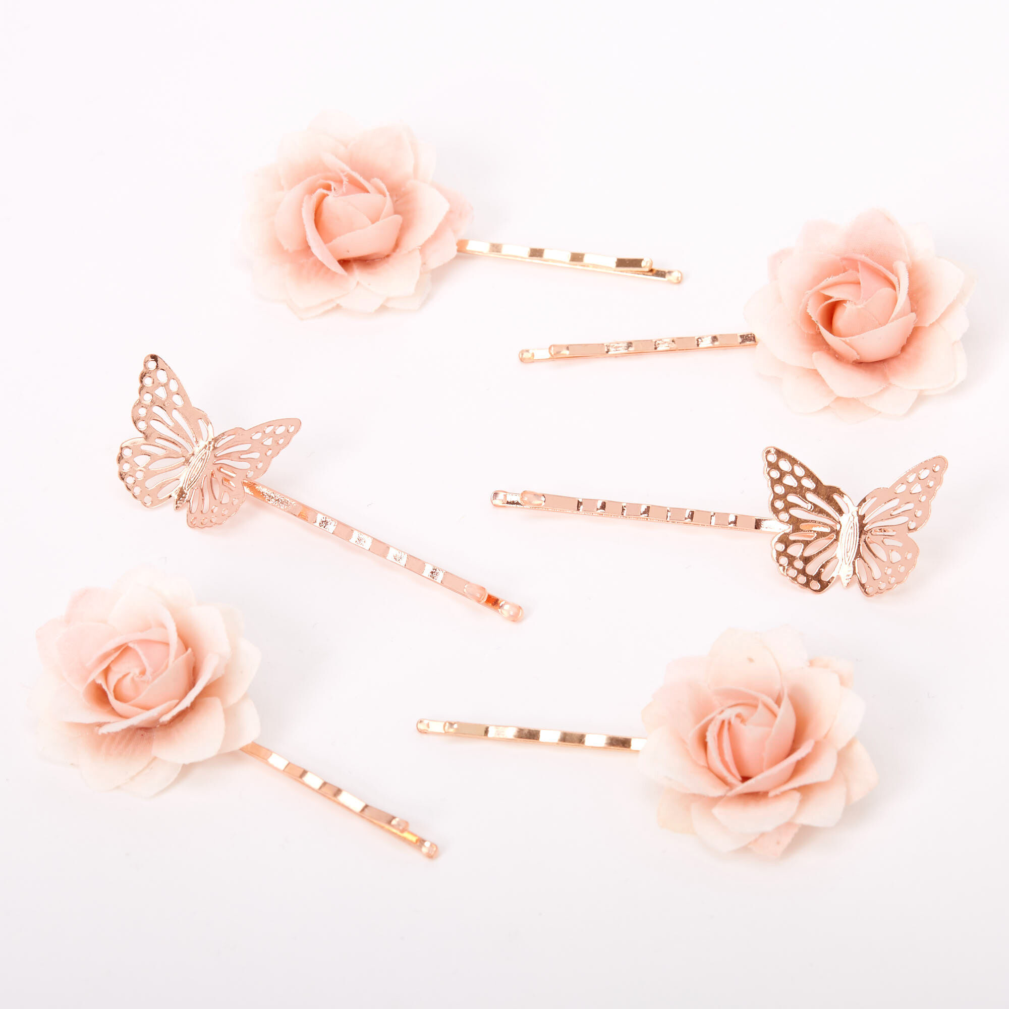 View Claires Rose Butterfly Flower Hair Pins Pink 6 Pack Gold information