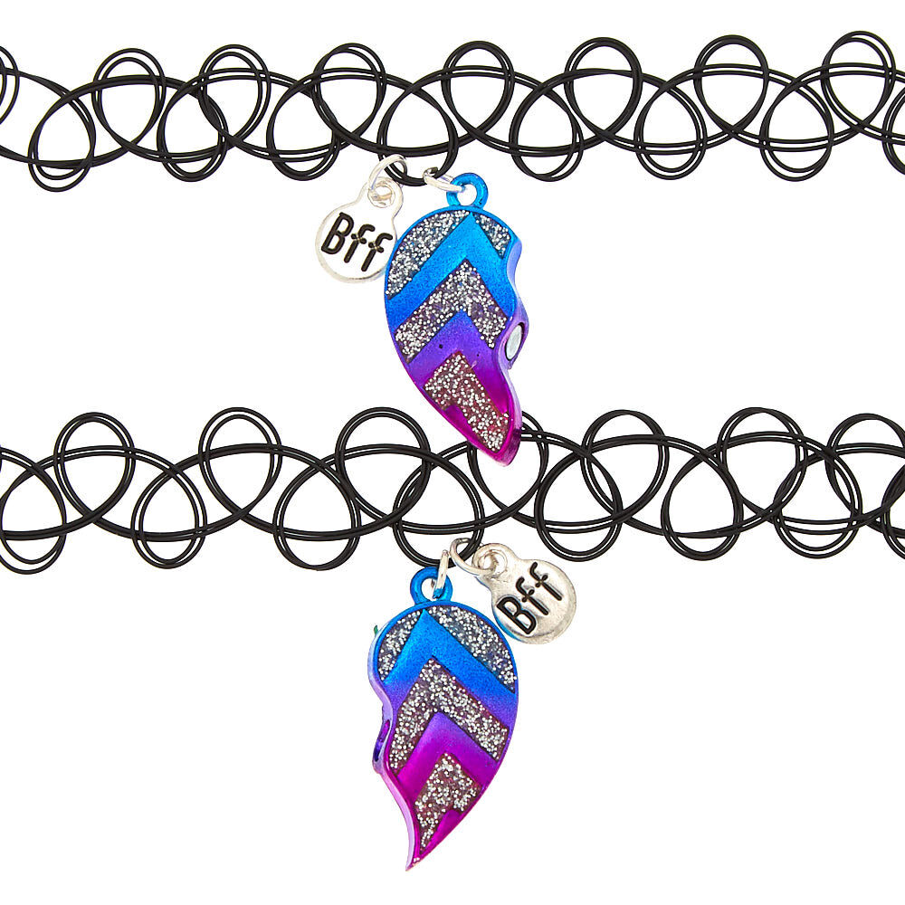 Lot de 2 ras-de-cou effet tatouage best friends avec cœur à chevrons,