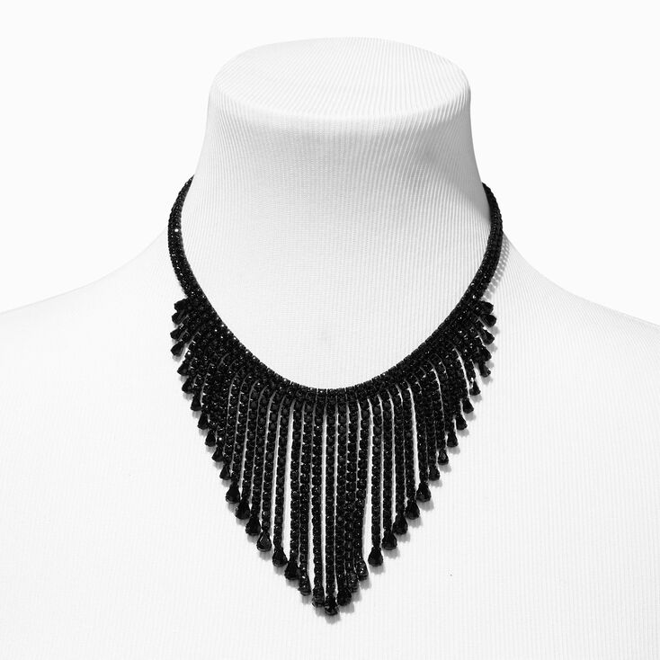 Black Rhinestone Shirt Fringe Statement Necklace,