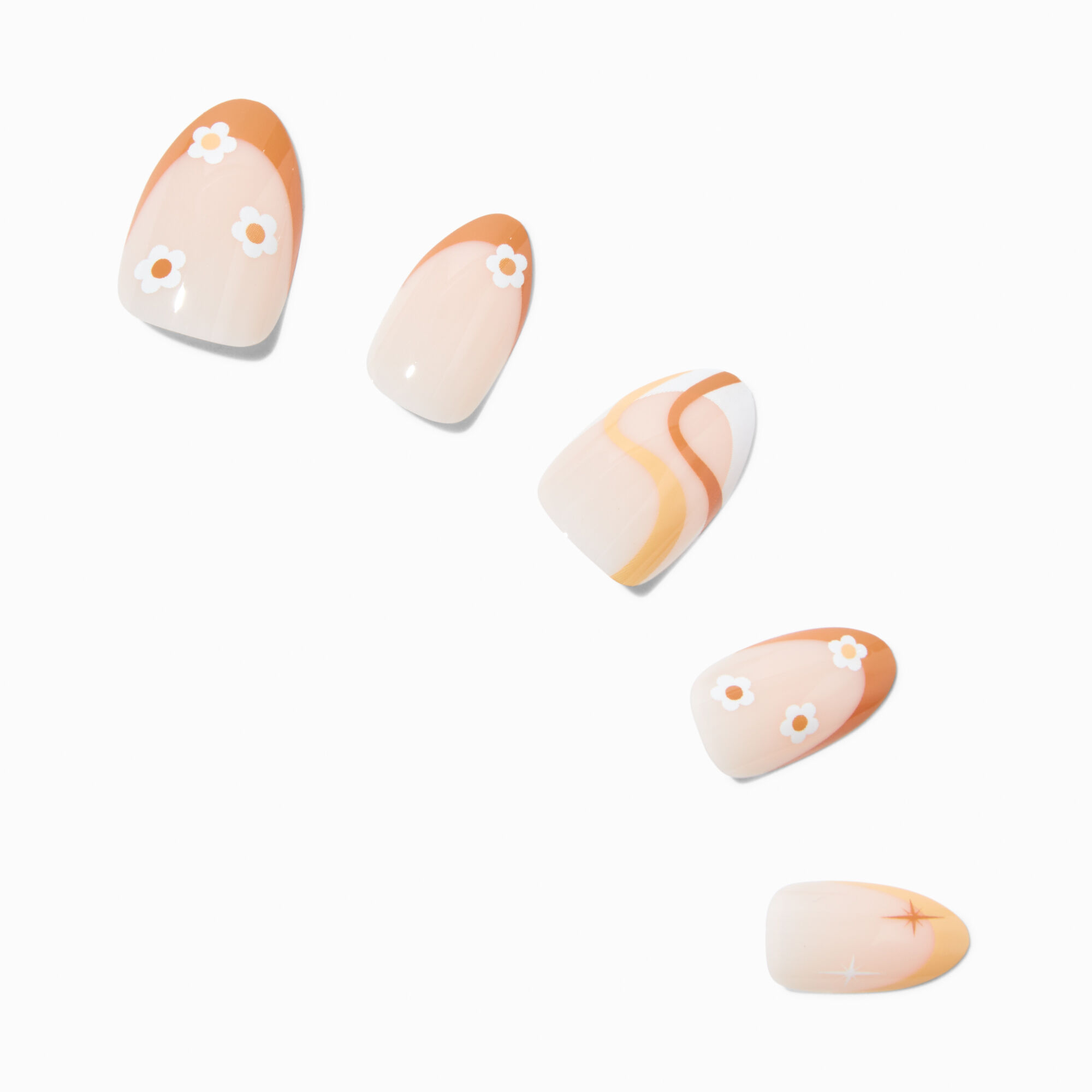 Burnt Orange Retro Flower & Starburst Short Almond Vegan Faux Nail Set - 24 Pack,
