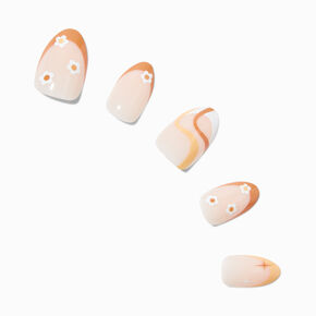 Burnt Orange Retro Flower &amp; Starburst Short Almond Vegan Faux Nail Set - 24 Pack,