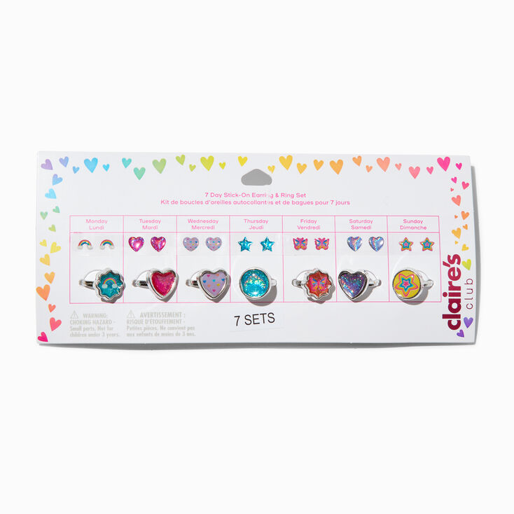 Claire&#39;s Club 7 Day Stick On Earrings &amp; Ring Set - 7 Pack,