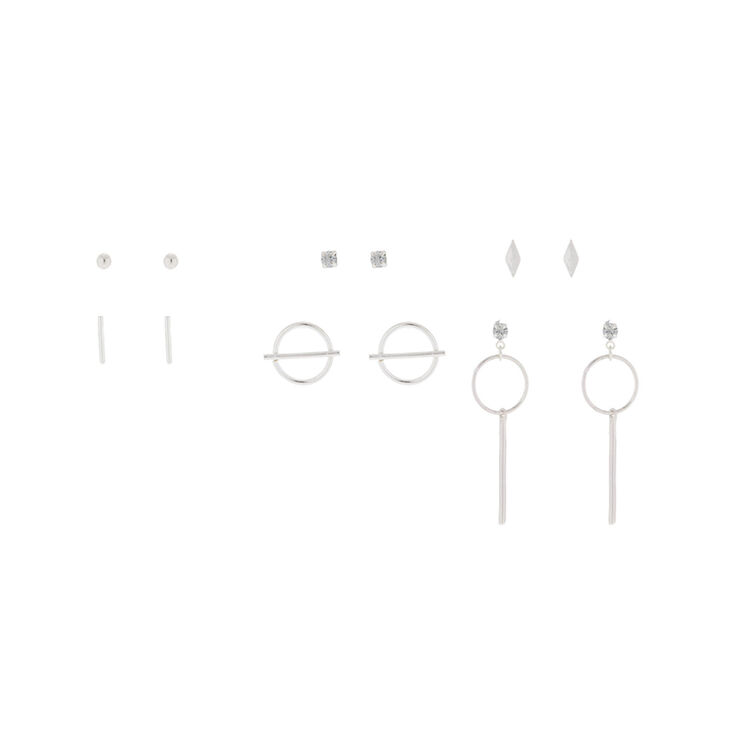 Silver Delicate Geometric Stud Earrings - 6 Pack,