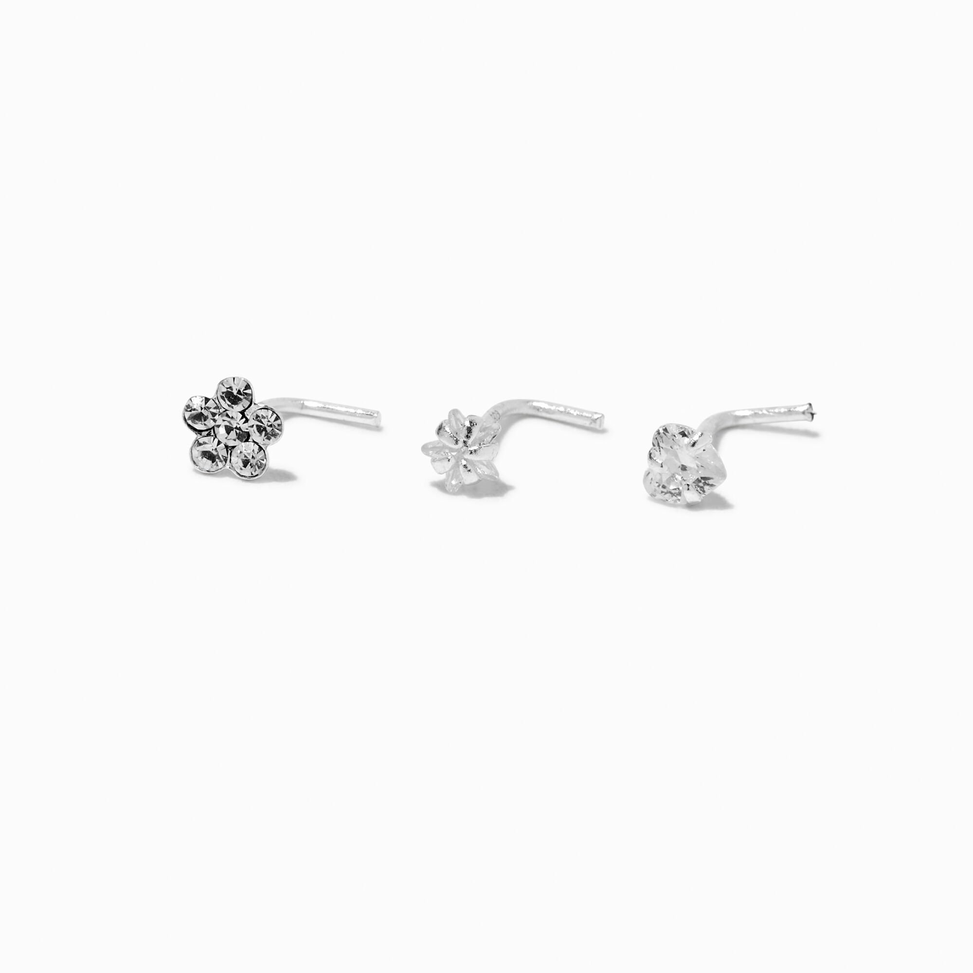 22G Sterling Silver Cubic Zirconia Flower Nose Studs - 3 Pack,