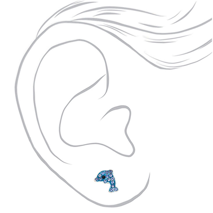 Silver Dolphin Magnetic Stud Earrings - Blue,