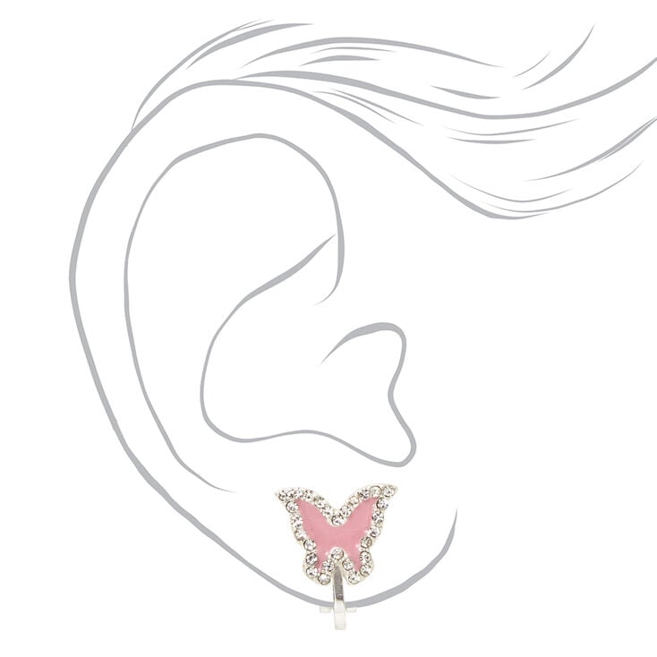 Clous d&#39;oreilles &agrave; clip papillon strass couleur argent&eacute;e - Rose,