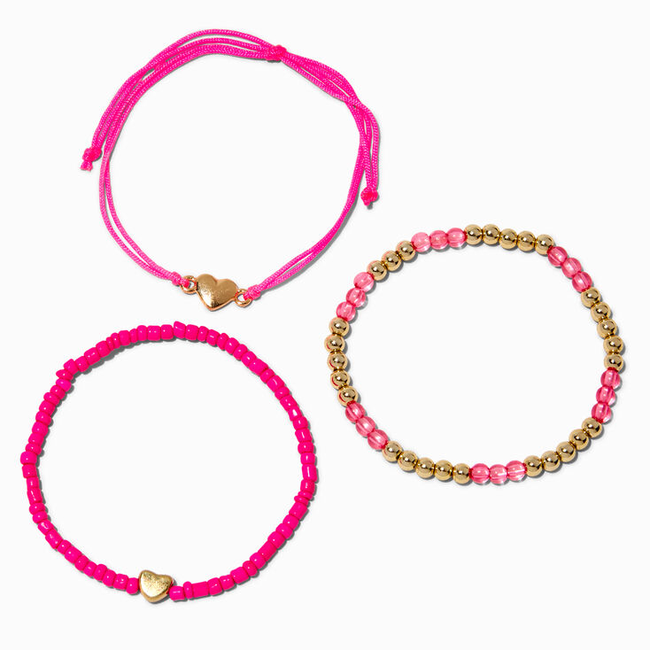 Heart Bright Pink Seed Bead Bracelet Set - 3 Pack,