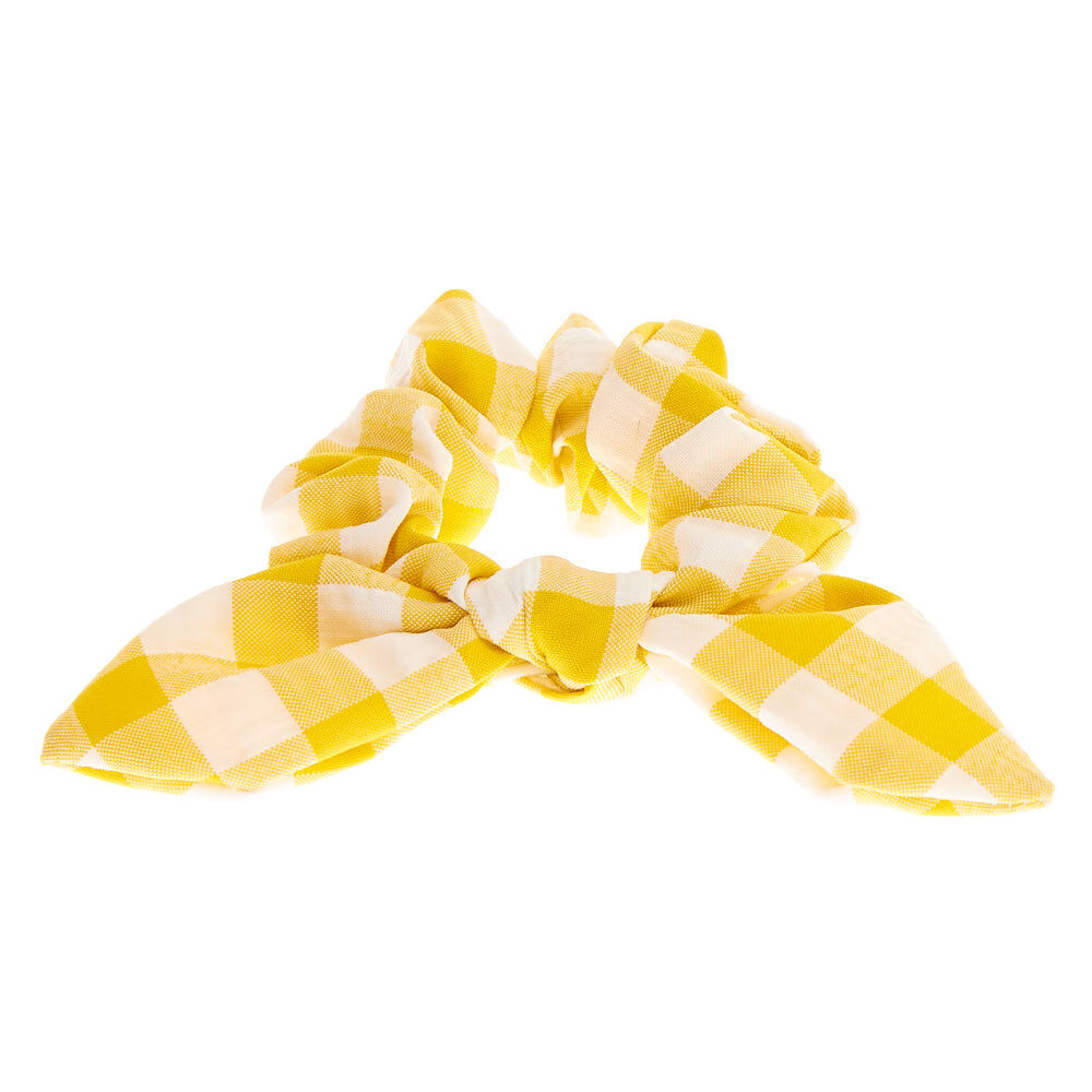 Small Gingham Knotted Bow Hair Scrunchie - Yellow,