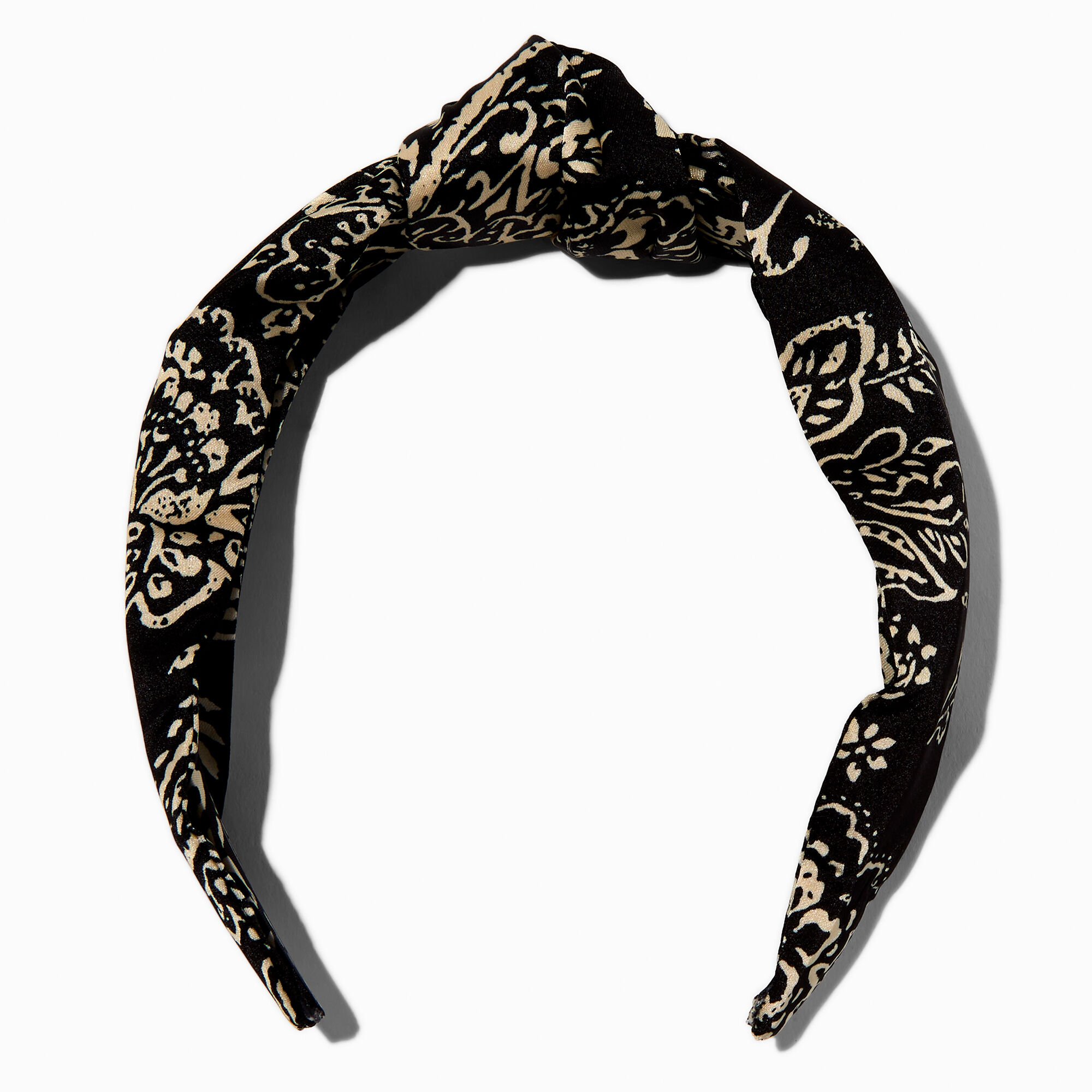 Serre-tête noué motif cachemire couleur ivoire et noir,