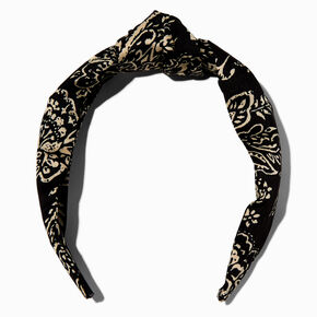 Serre-t&ecirc;te nou&eacute; motif cachemire couleur ivoire et noir,