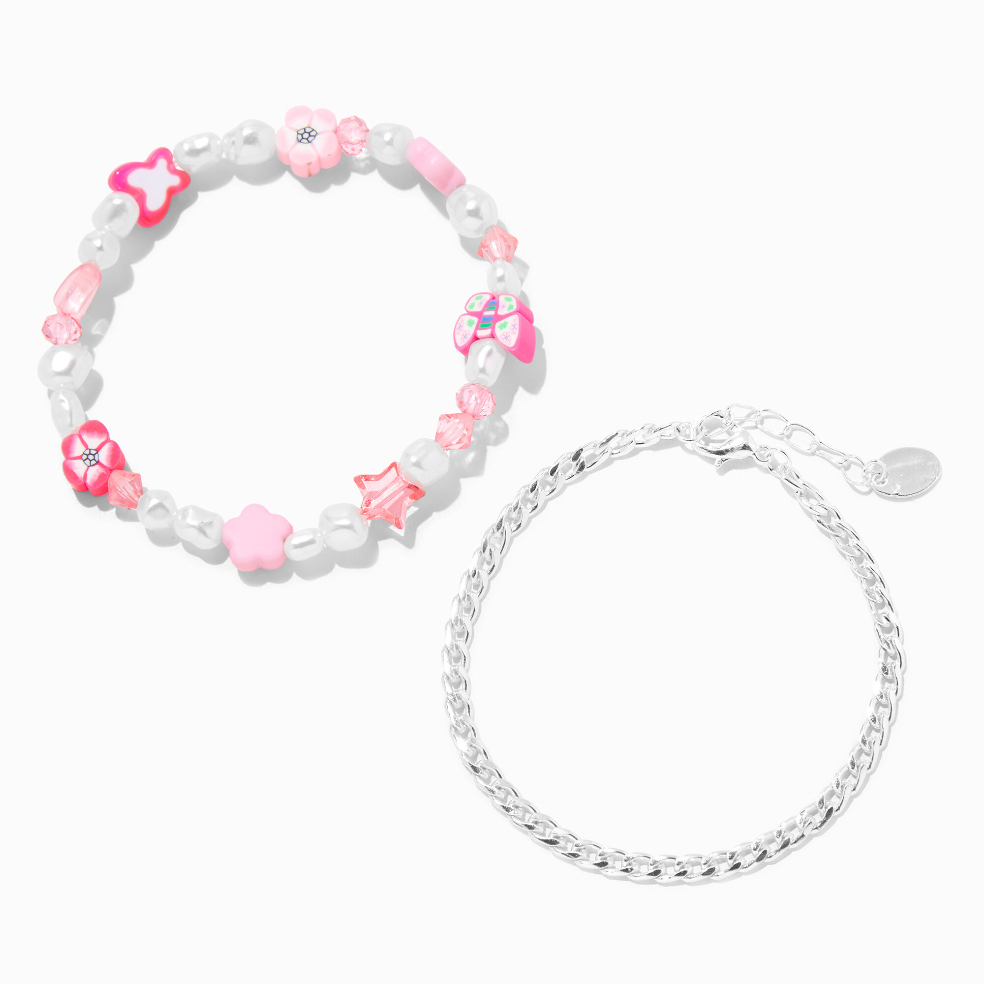 Pink Junk & Silver Chain Bracelet Set - 2 Pack,