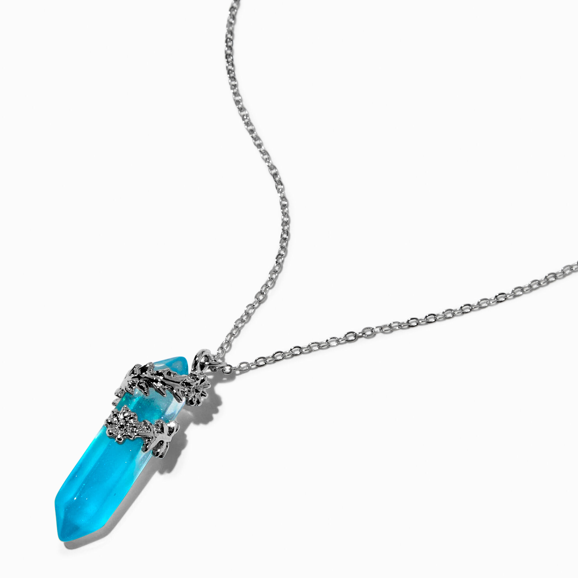 View Claires FlowerWrapped Glow In The Dark Mystical Gem Pendant Necklace Blue information