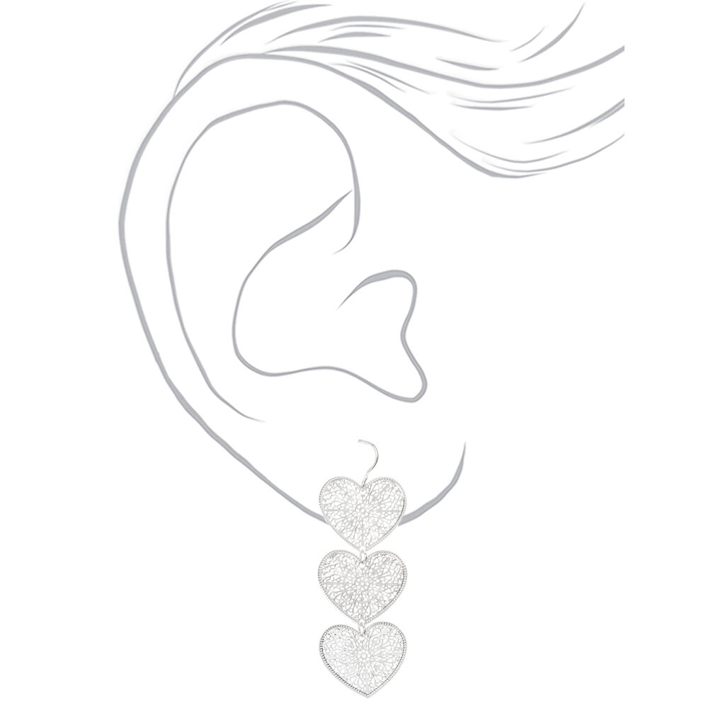 Silver 2" Filigree Heart Drop Earrings,