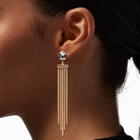 Gold-tone 3&quot; Crystal Chain Fringe Clip-On Drop Earrings,
