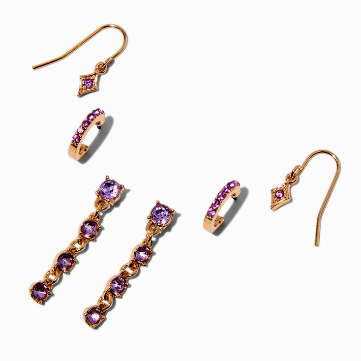 Gold-tone Purple Crystal Earring Stackables Set - 3 Pack,