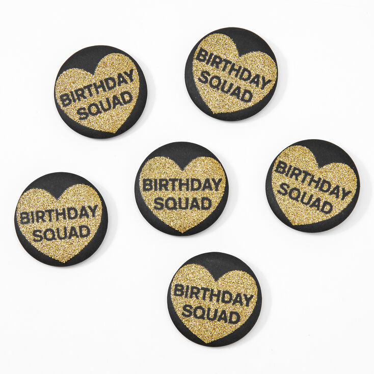 Claire's Badges en forme de cœurs à paillettes « Birthday Squad » - Noir, lot de 6
