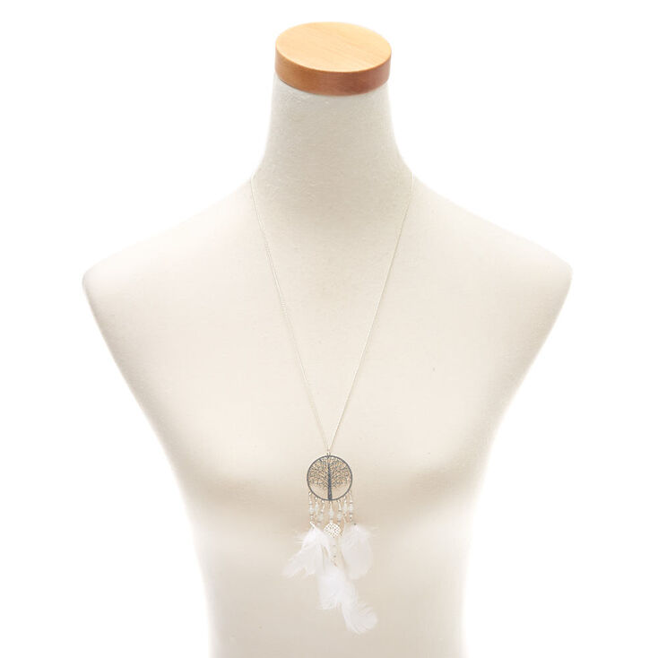 Silver Tree Dreamcatcher Feather Long Pendant Necklace,