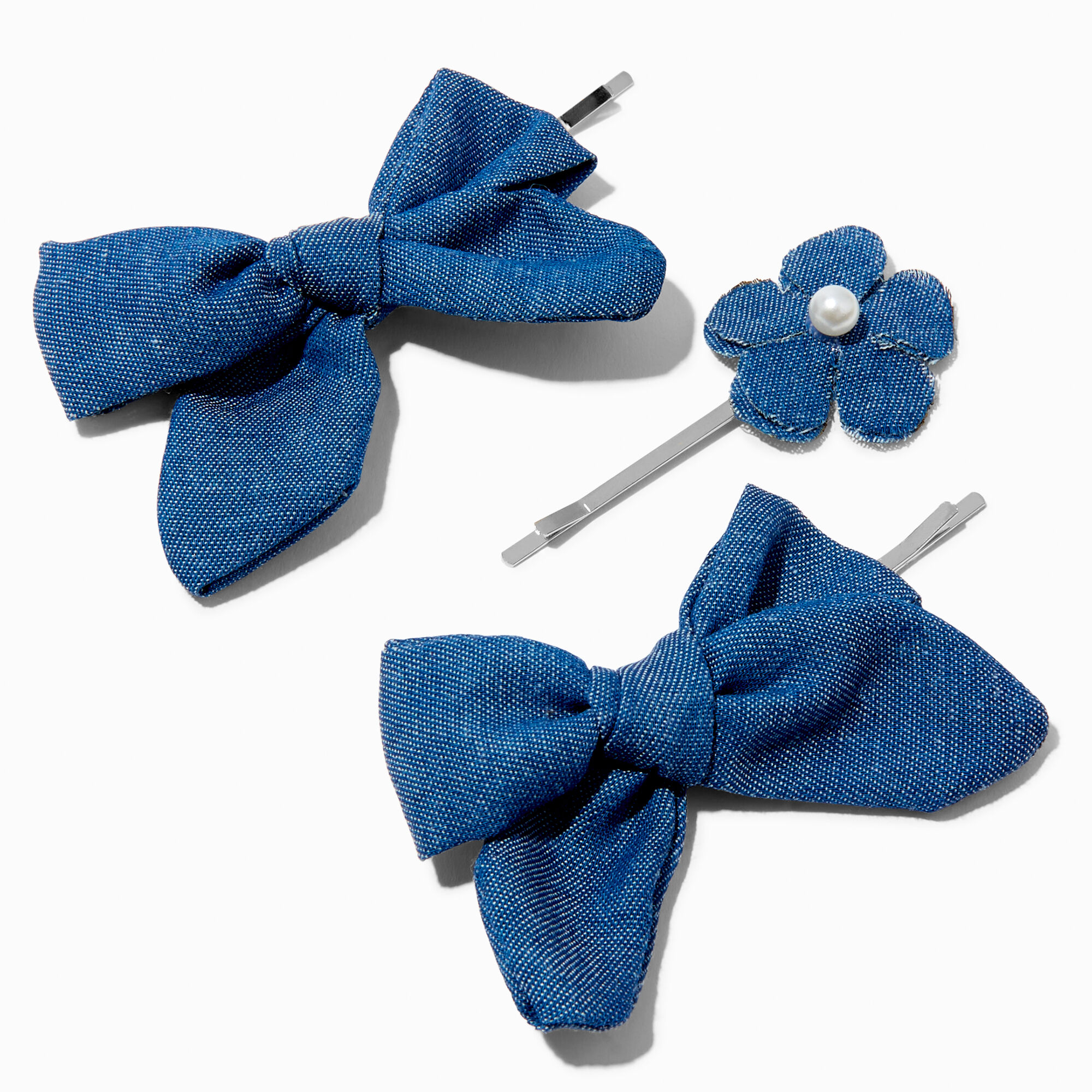 View Claires Denim Bow And Flower Hair Pins 3 Pack Silver information