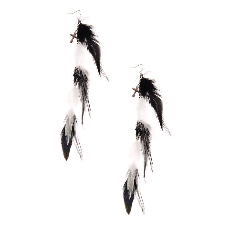 Black White Cross Feather Drop Earrings Claire S