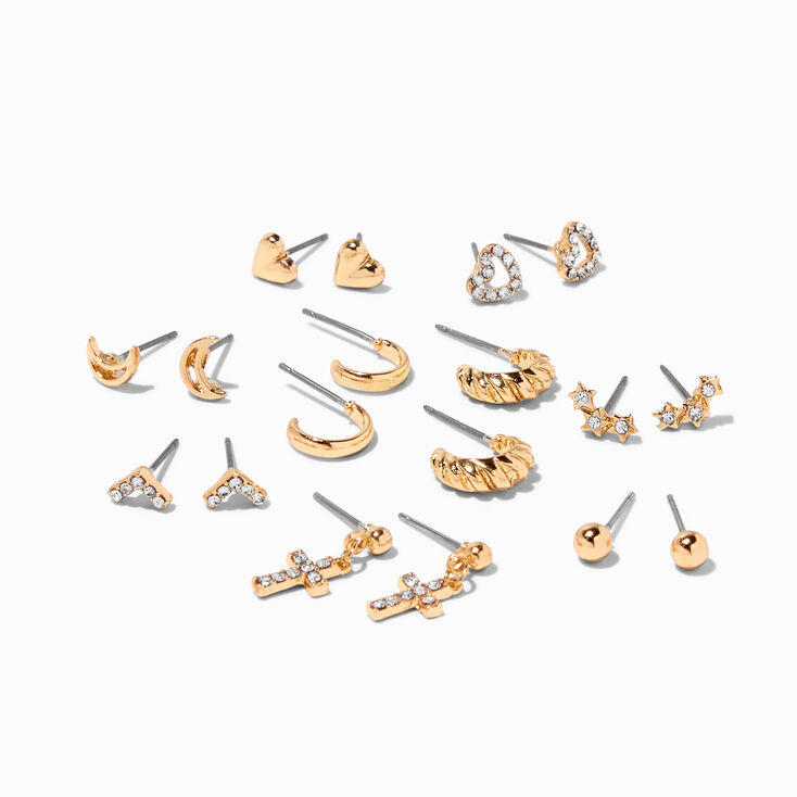 Gold Mixed Stud &amp; Huggie Hoop Earrings - 9 Pack,