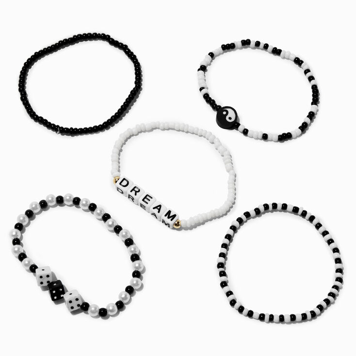 Black &amp; White Dream Beaded Stretch Bracelets - 5 Pack,