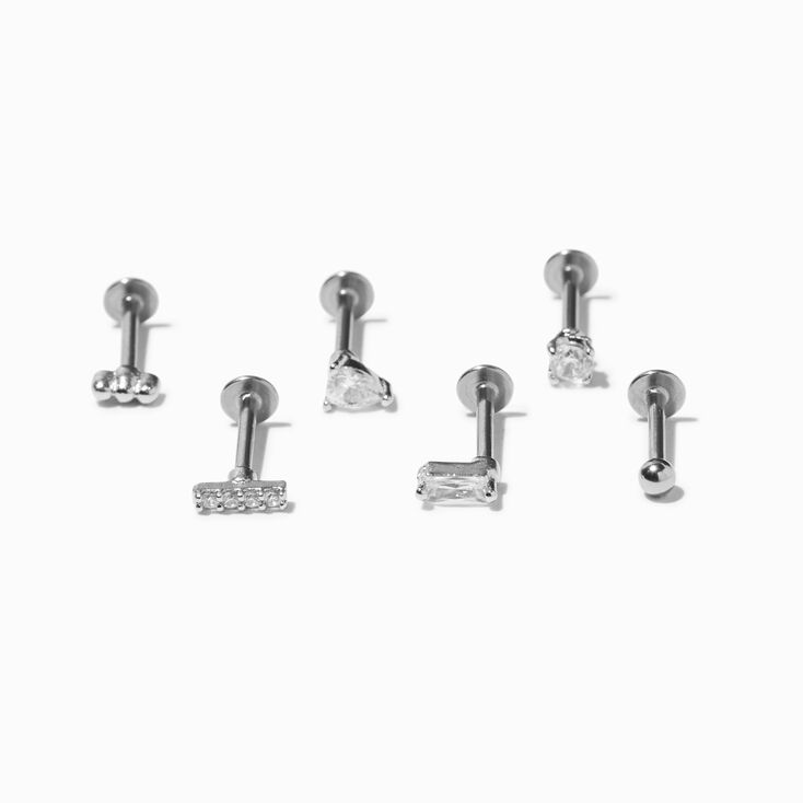 Silver-tone Stainless Steel Cubic Zirconia Geometric 16G Cartilage Earrings - 3 Pack,
