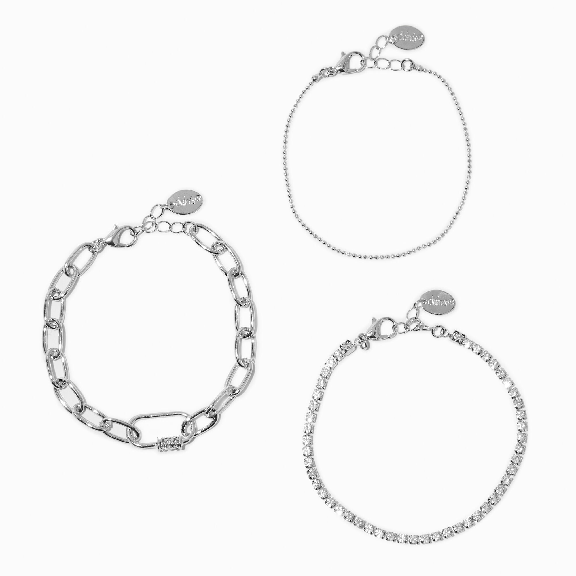 View Claires Tone Carabiner Lock Bracelet Set 3 Pack Silver information