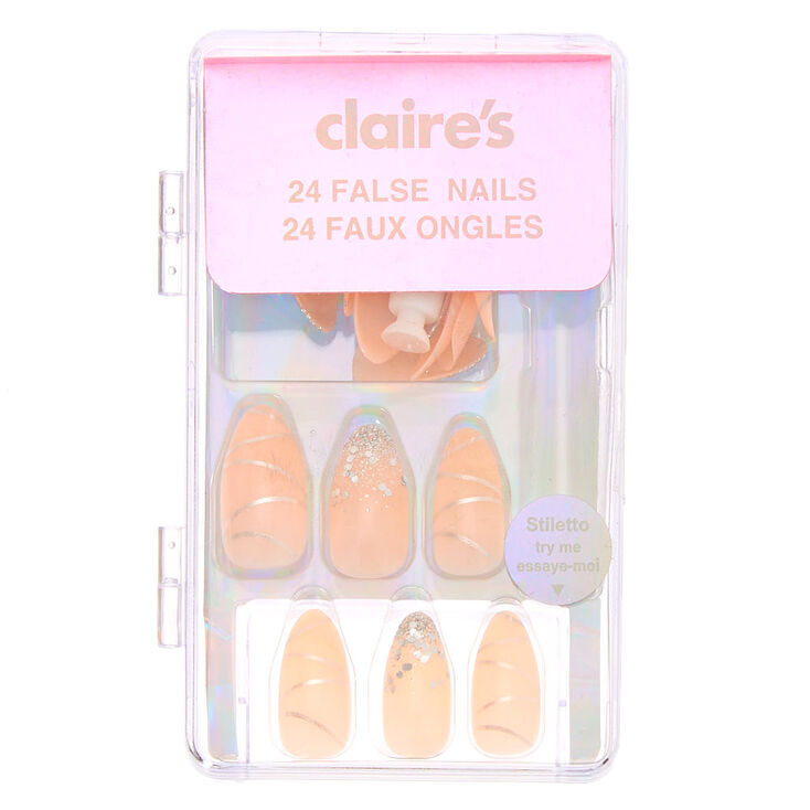 Ribbon Curl Stiletto Faux Nail Set - Nude, 24 Pack,