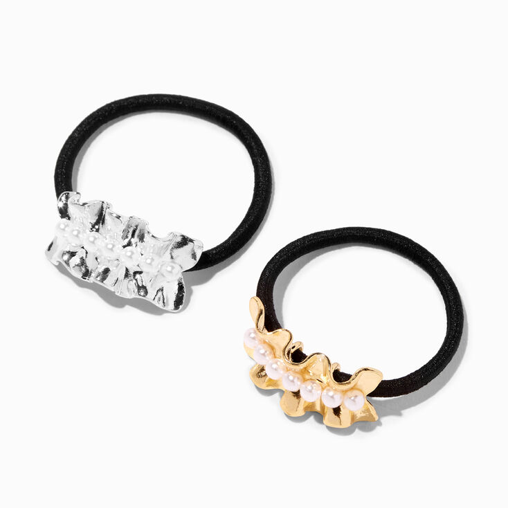 Mixed Metal Ruffle Pearl Cuff Hair Ties - 2 Pack,