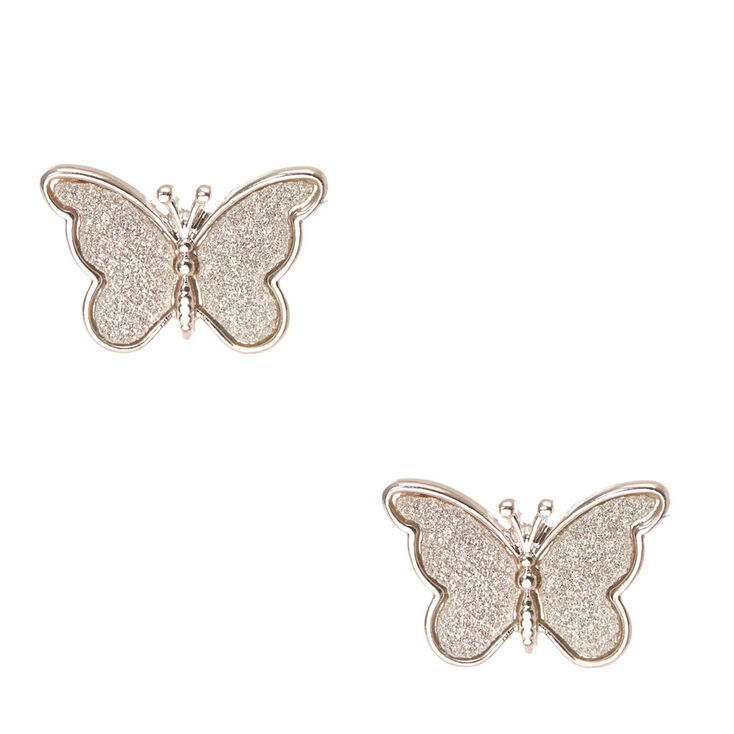 Silver Glitter Butterfly Stud Earrings,