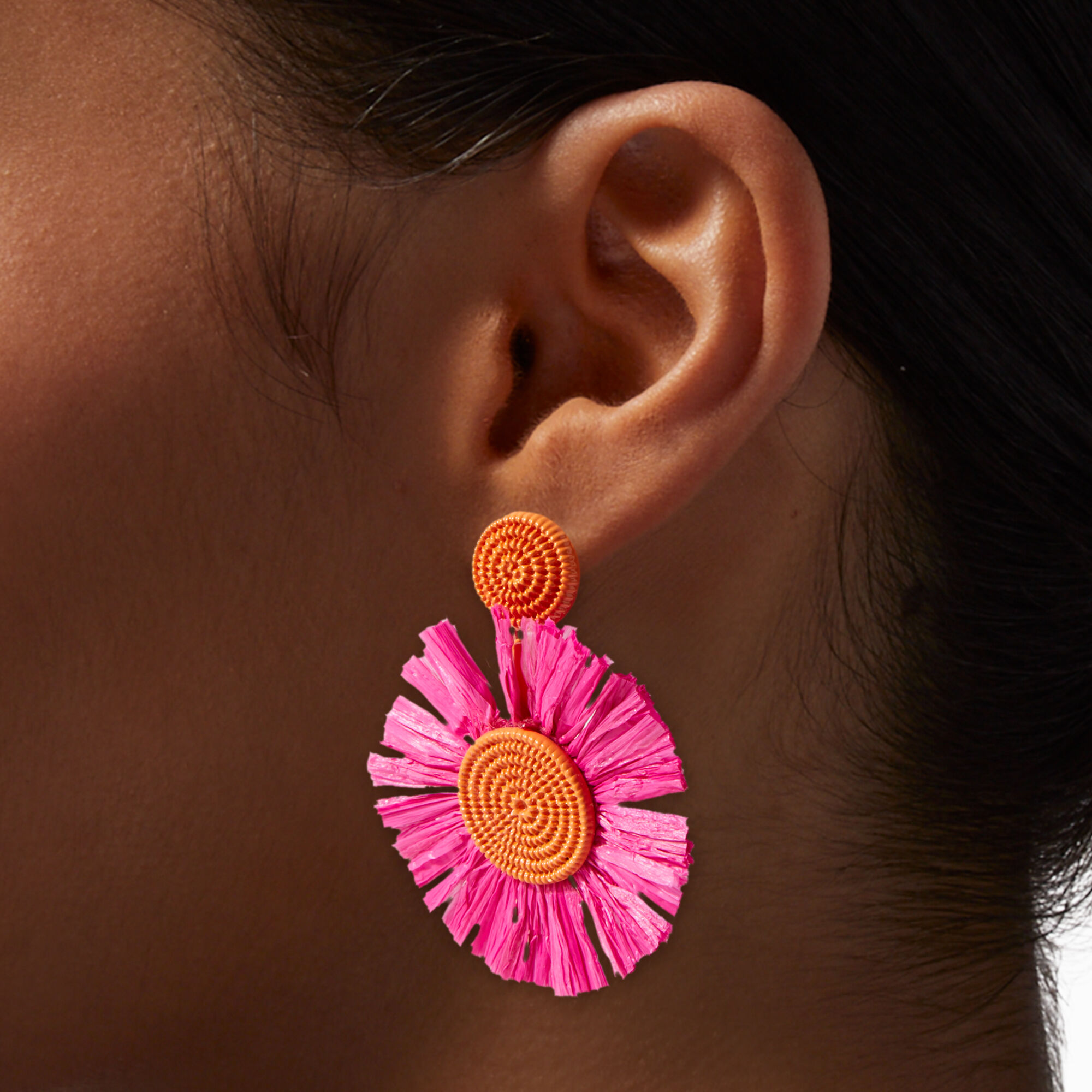 Pink Orange Raffia Daisy 3 Drop Earrings Claire s