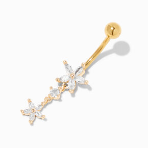 Gold-tone Stainless Steel Cubic Zirconia Flower Dangle 14G Belly Bar,