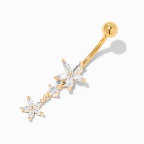 Gold-tone 14G Cubic Zirconia Flower Dangle Belly Ring,