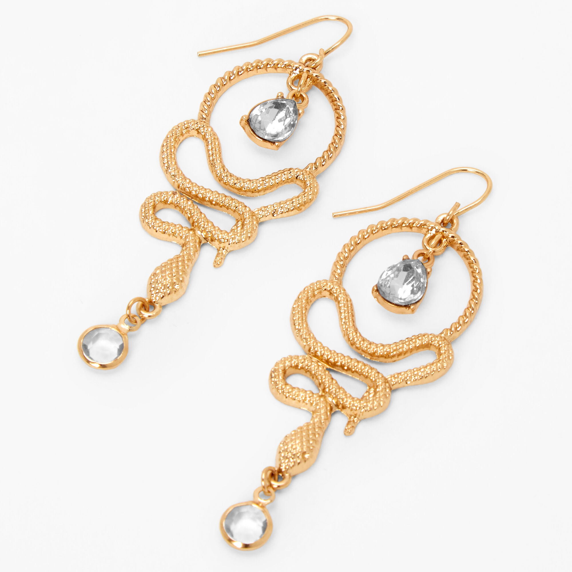 View Claires Tone Textured Snake Embellished 3 Drop Earrings Gold information