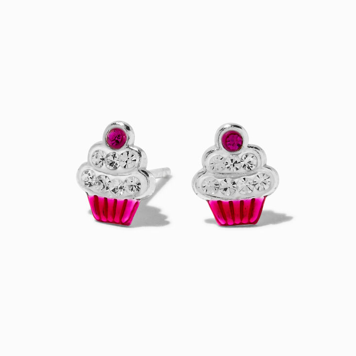 Clous d&#39;oreilles cupcake roses strass couleur argent&eacute;e,