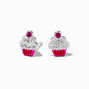 Clous d&#39;oreilles cupcake roses strass couleur argent&eacute;e,