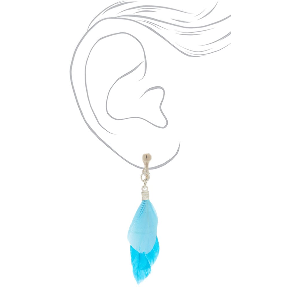 2" Feather Clip On Drop Earrings - Blue,