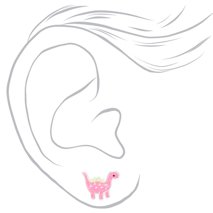 Silver Dinosaur Stud Earrings - Pink,