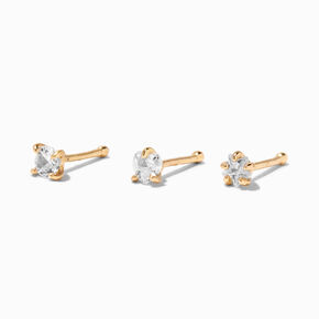 20G Gold-tone Stainless Steel Heart, Star, &amp; Circle Crystal Nose Studs - 3 Pack,