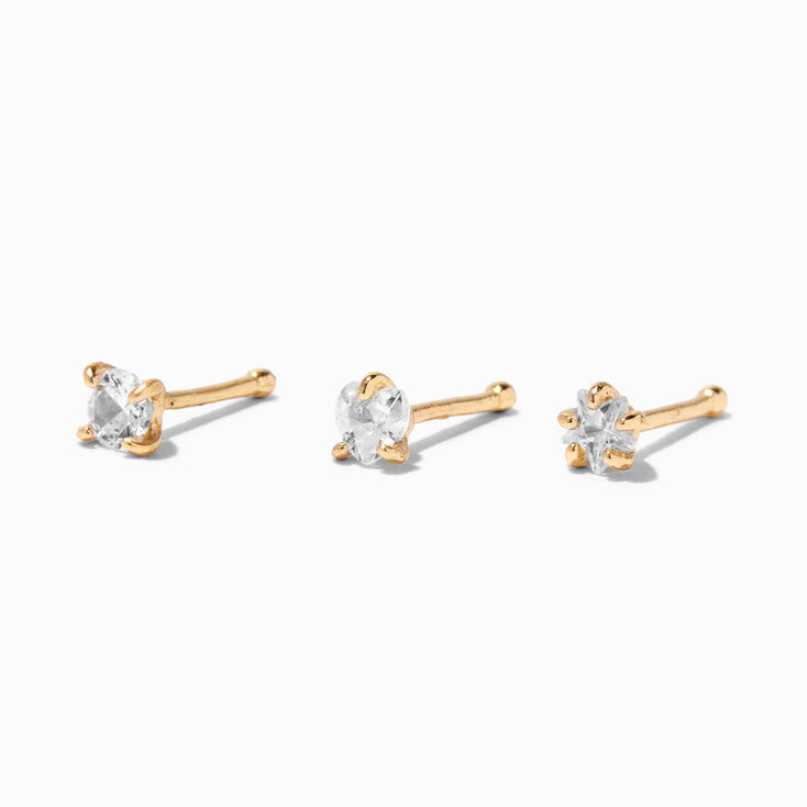 20G Gold-tone Stainless Steel Heart, Star, &amp; Circle Crystal Nose Studs - 3 Pack,