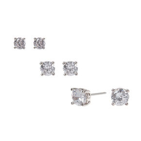 Silver-tone Cubic Zirconia 4mm, 5mm, &amp; 6mm Round Stud Earrings - 3 Pack ,