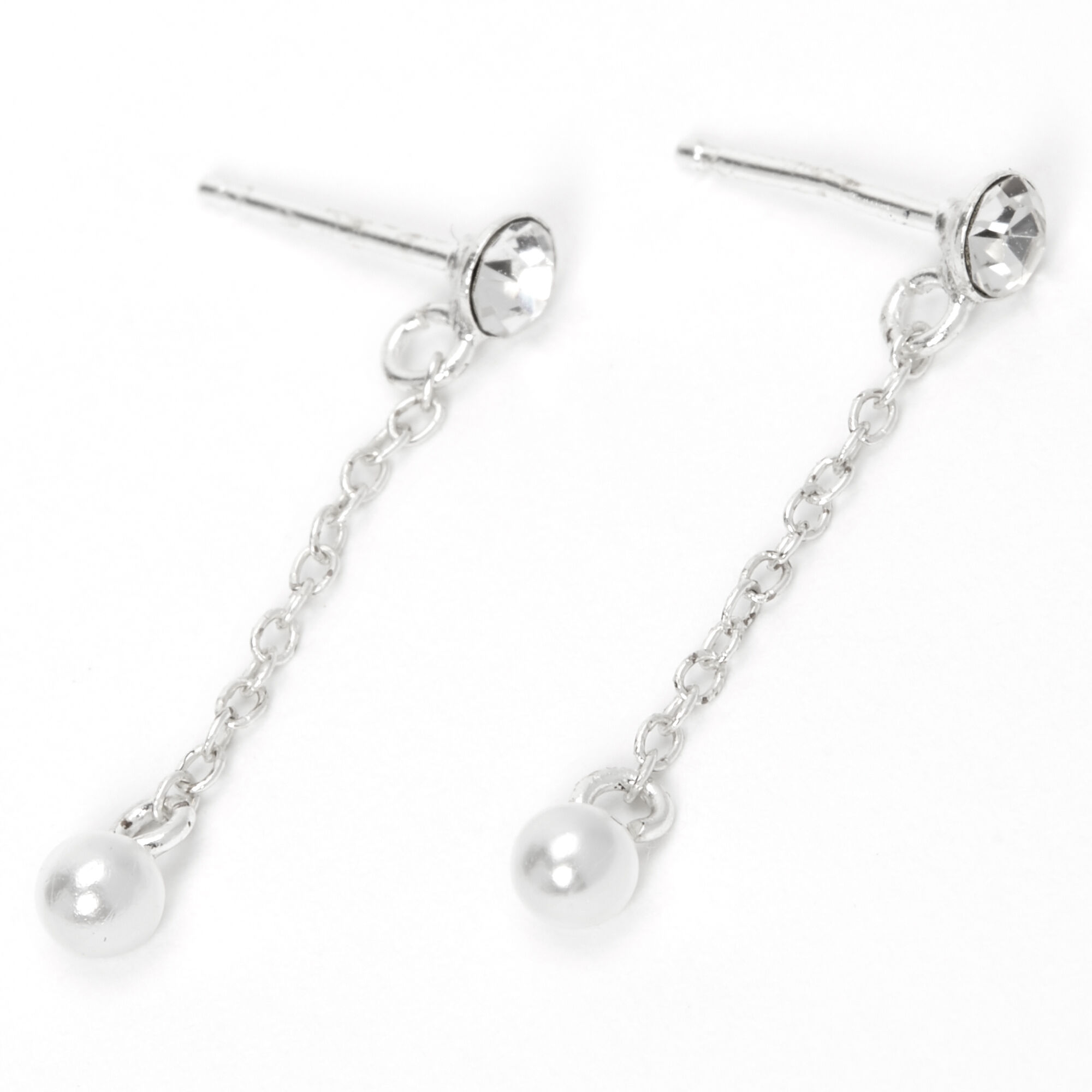 Sterling Silver 1 Crystal Pearl Chain Drop Earrings